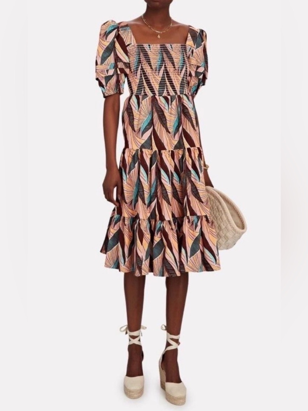 Autumn Adeigbo Puff Sleeve Smocked Midi Dress Size 0 Abstract Leaf Print